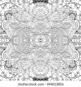 Tracery seamless calming pattern. Mehndi design. Ethnic monochrome binary doodle texture. Curved doodling black and white background. Vector.