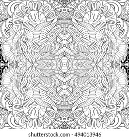 Tracery seamless calming pattern. Mehndi design. Ethnic monochrome binary doodle texture. Curved doodling black and white background. Vector.
