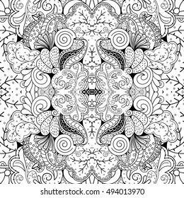 Tracery seamless calming pattern. Mehndi design. Ethnic monochrome binary doodle texture. Curved doodling black and white background. Vector.