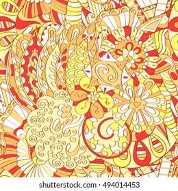 Tracery seamless calming pattern. Mehndi design. Ethnic colorful doodle texture. Curved doodling background. Vector.