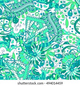 Tracery seamless calming pattern. Mehndi design. Ethnic colorful doodle texture. Curved doodling background. Vector.