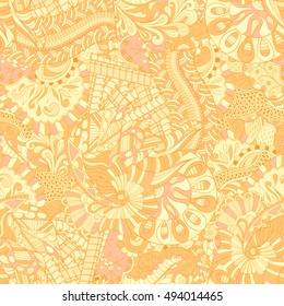 Tracery seamless calming pattern. Mehndi design. Ethnic colorful doodle texture. Curved doodling background. Vector.