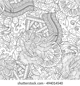 Tracery seamless calming pattern. Mehndi design. Ethnic monochrome binary doodle texture. Curved doodling black and white background. Vector.