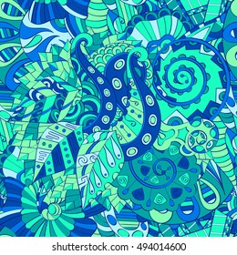 Tracery seamless calming pattern. Mehndi design. Ethnic colorful doodle texture. Curved doodling background. Vector.