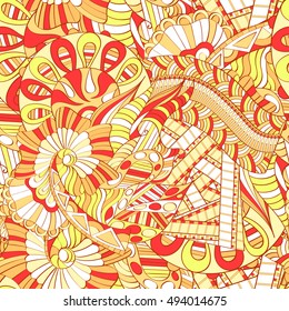 Tracery seamless calming pattern. Mehndi design. Ethnic colorful doodle texture. Curved doodling background. Vector.