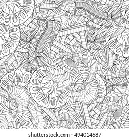 Tracery seamless calming pattern. Mehndi design. Ethnic monochrome binary doodle texture. Curved doodling black and white background. Vector.