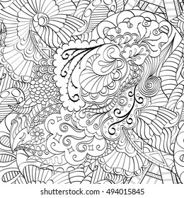 Tracery seamless calming pattern. Mehndi design. Ethnic monochrome binary doodle texture. Curved doodling black and white background. Vector.