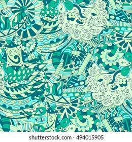 Tracery seamless calming pattern. Mehndi design. Ethnic colorful doodle texture. Curved doodling background. Vector.