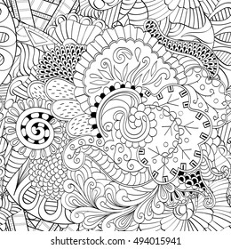 Tracery seamless calming pattern. Mehndi design. Ethnic monochrome binary doodle texture. Curved doodling black and white background. Vector.