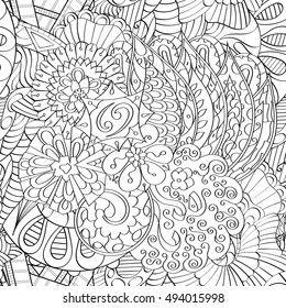 Tracery seamless calming pattern. Mehndi design. Ethnic monochrome binary doodle texture. Curved doodling black and white background. Vector.