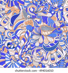 Tracery seamless calming pattern. Mehndi design. Ethnic colorful doodle texture. Curved doodling background. Vector.