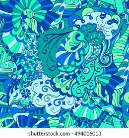 Tracery seamless calming pattern. Mehndi design. Ethnic colorful doodle texture. Curved doodling background. Vector.