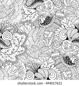 Tracery seamless calming pattern. Mehndi design. Ethnic monochrome binary doodle texture. Curved doodling black and white background. Vector.