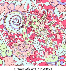 Tracery seamless calming pattern. Mehndi design. Ethnic colorful doodle texture. Curved doodling background. Vector.