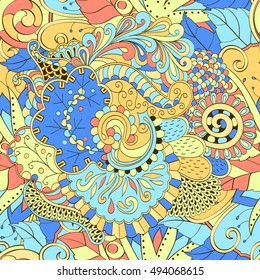 Tracery seamless calming pattern. Mehndi design. Ethnic colorful doodle texture. Curved doodling background. Vector.