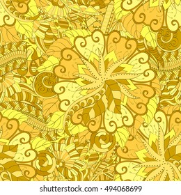 Tracery seamless calming pattern. Mehndi design. Ethnic colorful doodle texture. Curved doodling background. Vector.