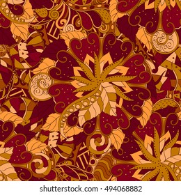 Tracery seamless calming pattern. Mehndi design. Ethnic colorful doodle texture. Curved doodling background. Vector.
