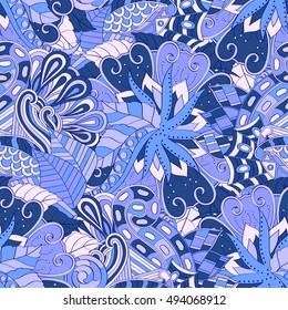 Tracery seamless calming pattern. Mehndi design. Ethnic colorful doodle texture. Curved doodling background. Vector.
