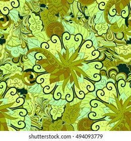 Tracery seamless calming pattern. Mehndi design. Ethnic colorful doodle texture. Curved doodling background. Vector.