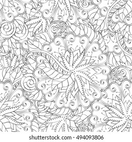 Tracery seamless calming pattern. Mehndi design. Ethnic monochrome binary doodle texture. Curved doodling black and white background. Vector.