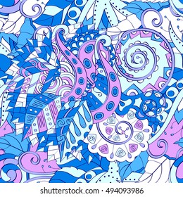 Tracery seamless calming pattern. Mehndi design. Ethnic colorful doodle texture. Curved doodling background. Vector.