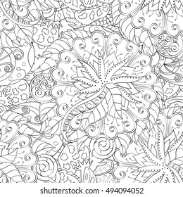 Tracery seamless calming pattern. Mehndi design. Ethnic monochrome binary doodle texture. Curved doodling black and white background. Vector.