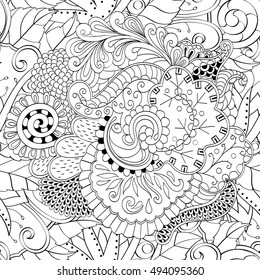 Tracery seamless calming pattern. Mehndi design. Ethnic monochrome binary doodle texture. Curved doodling black and white background. Vector.