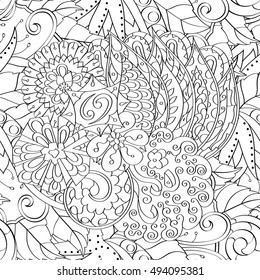 Tracery seamless calming pattern. Mehndi design. Ethnic monochrome binary doodle texture. Curved doodling black and white background. Vector.