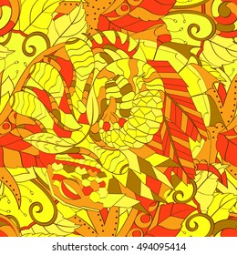 Tracery seamless calming pattern. Mehndi design. Ethnic colorful doodle texture. Curved doodling background. Vector.