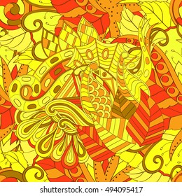 Tracery seamless calming pattern. Mehndi design. Ethnic colorful doodle texture. Curved doodling background. Vector.