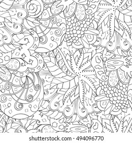 Tracery seamless calming pattern. Mehndi design. Ethnic monochrome binary doodle texture. Curved doodling black and white background. Vector.
