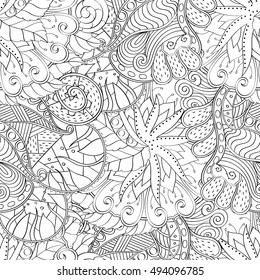 Tracery seamless calming pattern. Mehndi design. Ethnic monochrome binary doodle texture. Curved doodling black and white background. Vector.