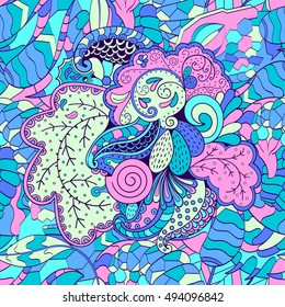 Tracery seamless calming pattern. Mehndi design. Ethnic colorful doodle texture. Curved doodling background. Vector.