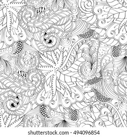 Tracery seamless calming pattern. Mehndi design. Ethnic monochrome binary doodle texture. Curved doodling black and white background. Vector.