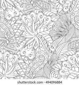 Tracery seamless calming pattern. Mehndi design. Ethnic monochrome binary doodle texture. Curved doodling black and white background. Vector.
