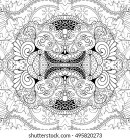 Tracery seamless calming pattern. Mehndi design. Ethnic monochrome binary doodle texture. Curved doodling black and white background. Vector.