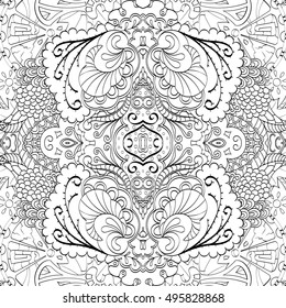 Tracery seamless calming pattern. Mehndi design. Ethnic monochrome binary doodle texture. Curved doodling black and white background. Vector.