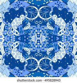 Tracery seamless calming pattern. Mehndi design. Ethnic colorful doodle texture. Curved doodling background. Vector.