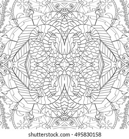 Tracery seamless calming pattern. Mehndi design. Ethnic monochrome binary doodle texture. Curved doodling black and white background. Vector.