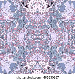 Tracery seamless calming pattern. Mehndi design. Ethnic colorful doodle texture. Curved doodling background. Vector.