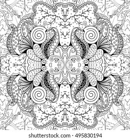 Tracery seamless calming pattern. Mehndi design. Ethnic monochrome binary doodle texture. Curved doodling black and white background. Vector.