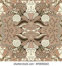 Tracery seamless calming pattern. Mehndi design. Ethnic colorful doodle texture. Curved doodling background. Vector.