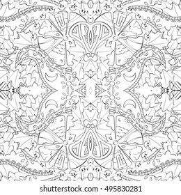 Tracery seamless calming pattern. Mehndi design. Ethnic monochrome binary doodle texture. Curved doodling black and white background. Vector.