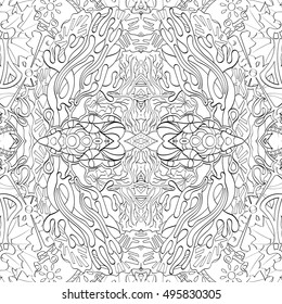 Tracery seamless calming pattern. Mehndi design. Ethnic monochrome binary doodle texture. Curved doodling black and white background. Vector.
