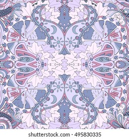 Tracery seamless calming pattern. Mehndi design. Ethnic colorful doodle texture. Curved doodling background. Vector.