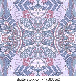 Tracery seamless calming pattern. Mehndi design. Ethnic colorful doodle texture. Curved doodling background. Vector.