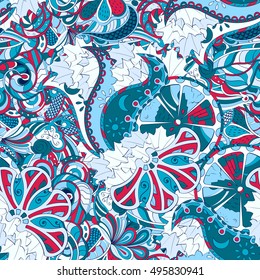 Tracery seamless calming pattern. Mehndi design. Ethnic colorful doodle texture. Curved doodling background. Vector.