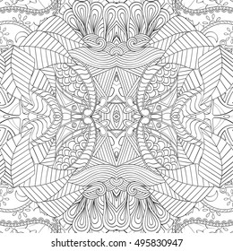 Tracery seamless calming pattern. Mehndi design. Ethnic monochrome binary doodle texture. Curved doodling black and white background. Vector.