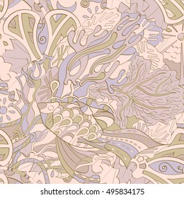 Tracery seamless calming pattern. Mehndi design. Ethnic colorful doodle texture. Curved doodling background. Vector.