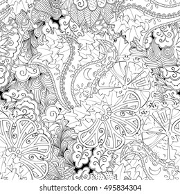 Tracery seamless calming pattern. Mehndi design. Ethnic monochrome binary doodle texture. Curved doodling black and white background. Vector.